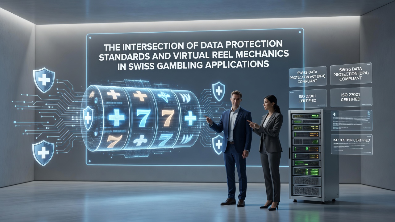 Technical diagram illustrating encrypted data flows between virtual reel generators and Swiss regulatory compliance servers