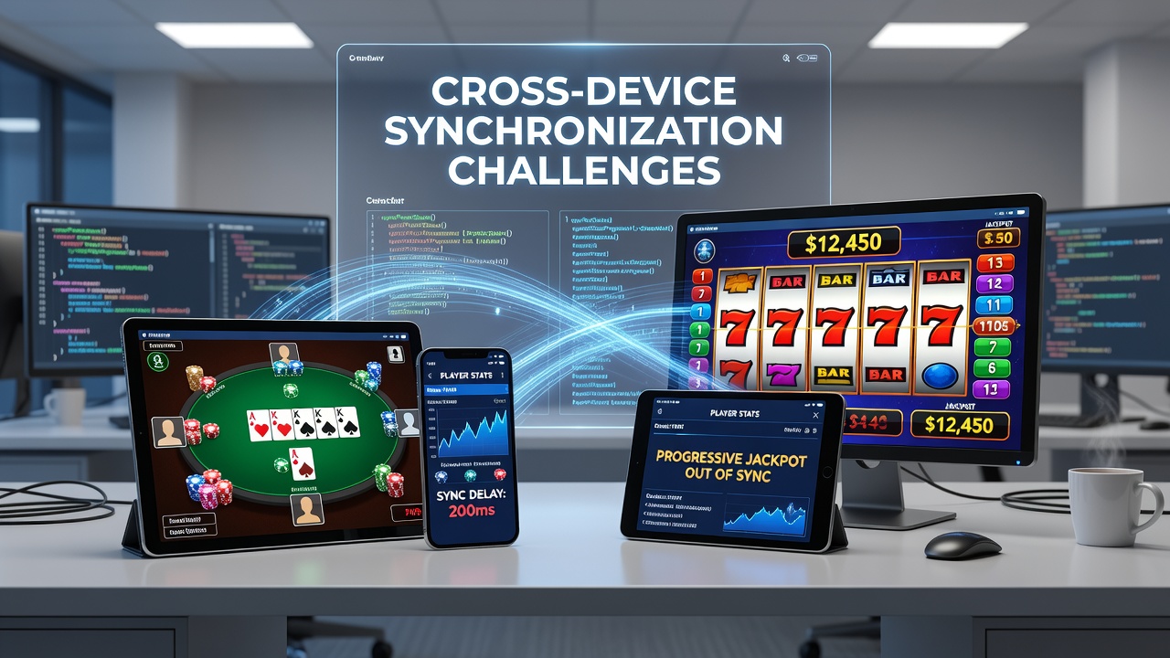 Technical diagram illustrating cross-device data synchronization flow in regulated Swiss gambling apps